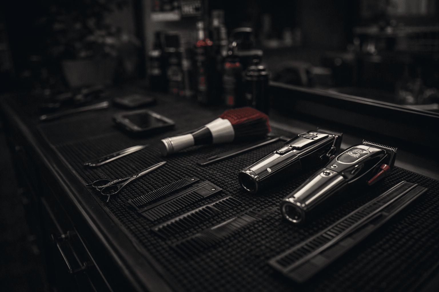 Herramientas de barbero sobre la mesa de trabajo